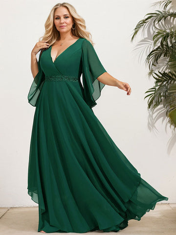 Vestido de corte A, escote en V, largo hasta el suelo, de gasa, para la madre de la novia, con apliques de lentejuelas, encaje y pedrería. 