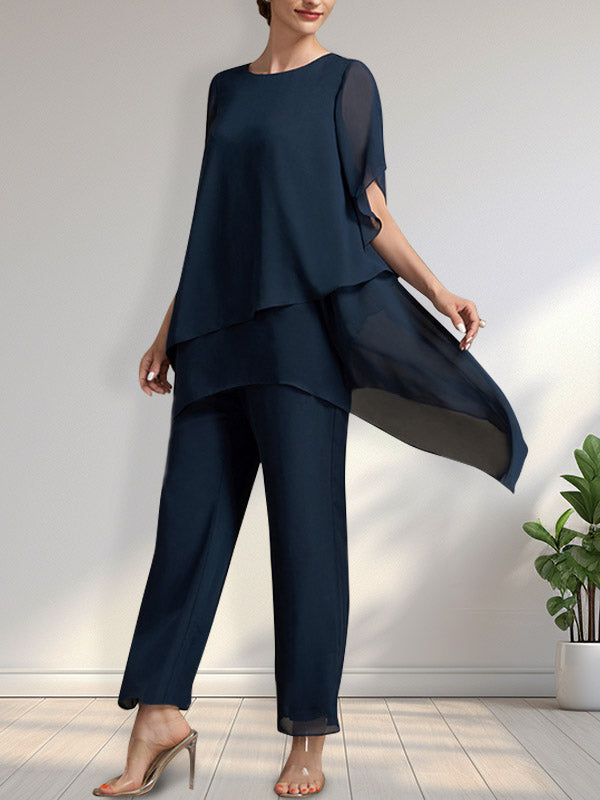 Vestido de gasa de dos piezas para la madre de la novia: mono/traje pantalón con escote redondo y largo hasta el tobillo.