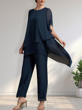 Vestido de gasa de dos piezas para la madre de la novia: mono/traje pantalón con escote redondo y largo hasta el tobillo.