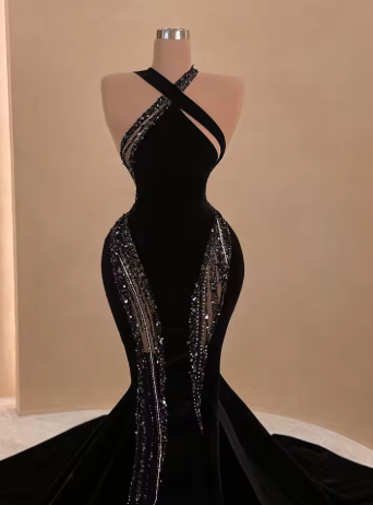 Robe de bal longue sirène noire sexy avec traîne, robe de soirée noire chic Y4178