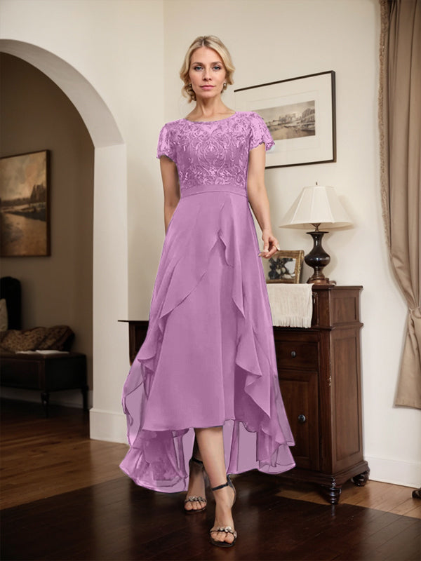 Vestido de novia asimétrico de gasa con encaje, corte en A, escote ilusión, detalle de lazo, volantes y lentejuelas para la madre de la novia 