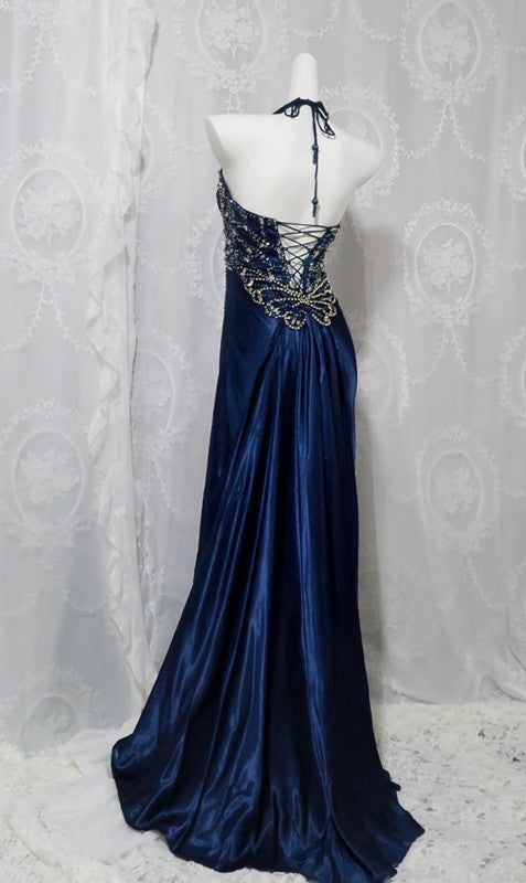Robe de soirée bleu marine de luxe avec fente et perles, robe de bal formelle Y7723