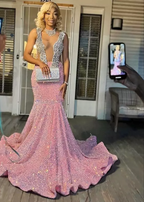 Vestidos de graduación rosa brillante, vestido de noche de sirena rosa con lentejuelas sexys para concursos de belleza Y477