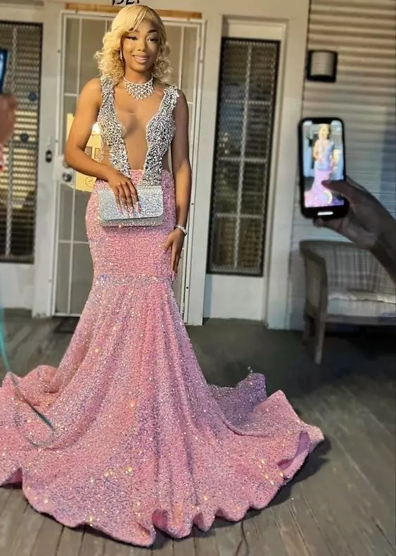 Vestidos de graduación rosa brillante, vestido de noche de sirena rosa con lentejuelas sexys para concursos de belleza Y477