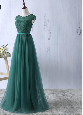 Vestido largo de noche sencillo y formal con cuello redondo y top de encaje de tul verde S6796