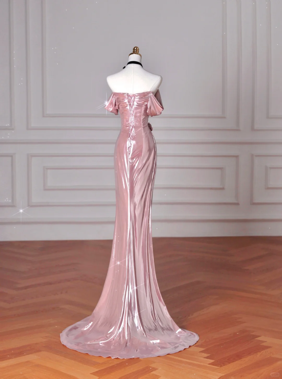 Magnifique robe de bal longue sirène en satin rose à épaules dénudées Y8630