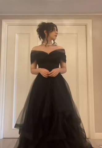 Black Off The Shoulder Tulle Long Prom Dress Black Formal Graduation Evening Dress Y7351