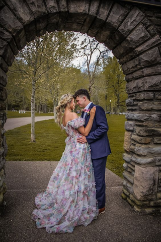 Elegante vestido largo de fiesta con flores y hombros descubiertos, de tul, modelo Y5889