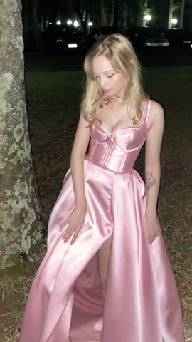 Vestido de fiesta sencillo rosa de satén corte A con abertura lateral, vestido de noche Y8563