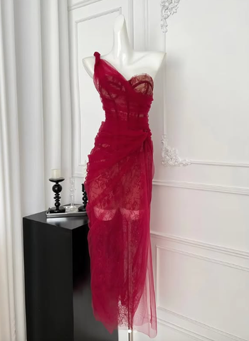 Pretty Burgundy Tulle Lace Prom Dress Evening Dress Y8506