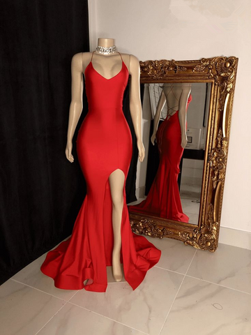 Robe de soirée rouge sirène simple avec fente Y381