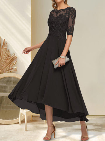 A-line Boat Neck Illusion Asymmetrical Chiffon Lace Mother of the Bride Dress With Sequins Beading