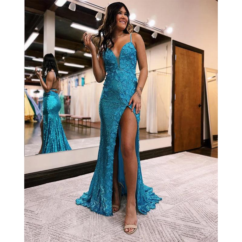 Robe de bal longue à bretelles spaghetti et paillettes orange avec fente