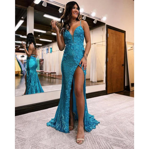 Robe de bal longue à bretelles spaghetti et paillettes orange avec fente