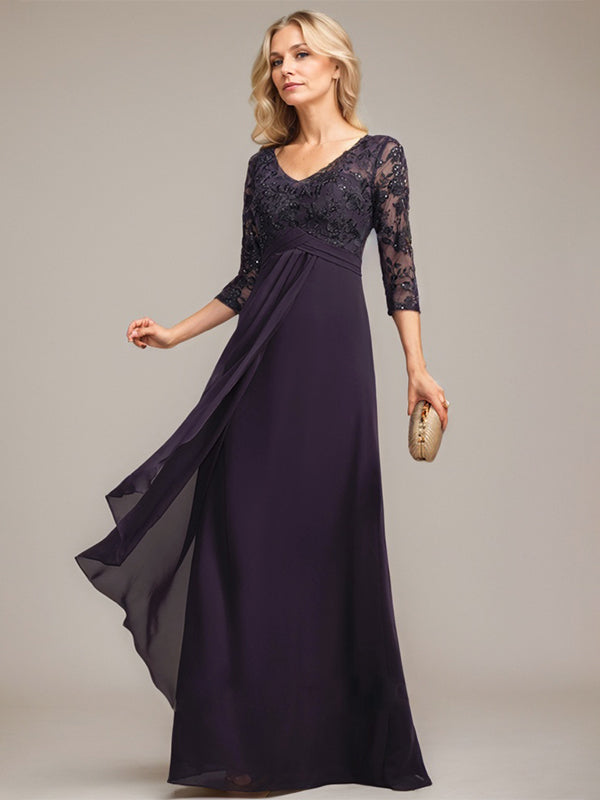Vestido de novia de corte línea A, escote en V, largo hasta el suelo, de gasa de encaje con volantes en cascada y lentejuelas. 