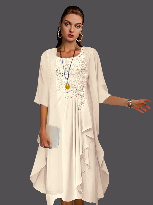 Vestidos de dos piezas de corte A, de gasa, encaje, sin mangas, con chaqueta, pliegues y apliques. 