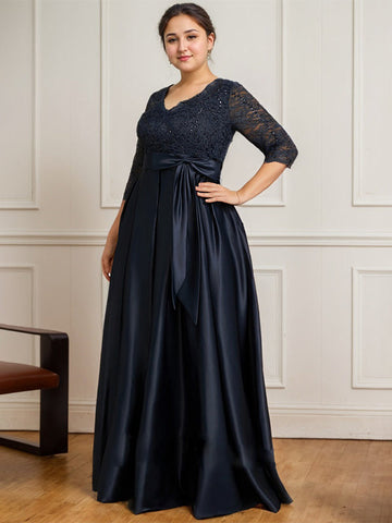 A-line V-Neck Floor-Length Satin Lace Mother of the Bride Dress With Sequins Bow