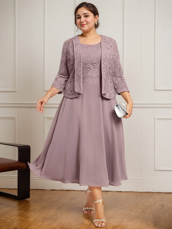 Vestido de corte A con escote redondo y largo hasta la rodilla en gasa de encaje para la madre de la novia 