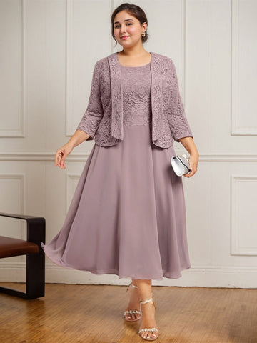 A-line Scoop Tea-Length Lace Chiffon Mother of the Bride Dress
