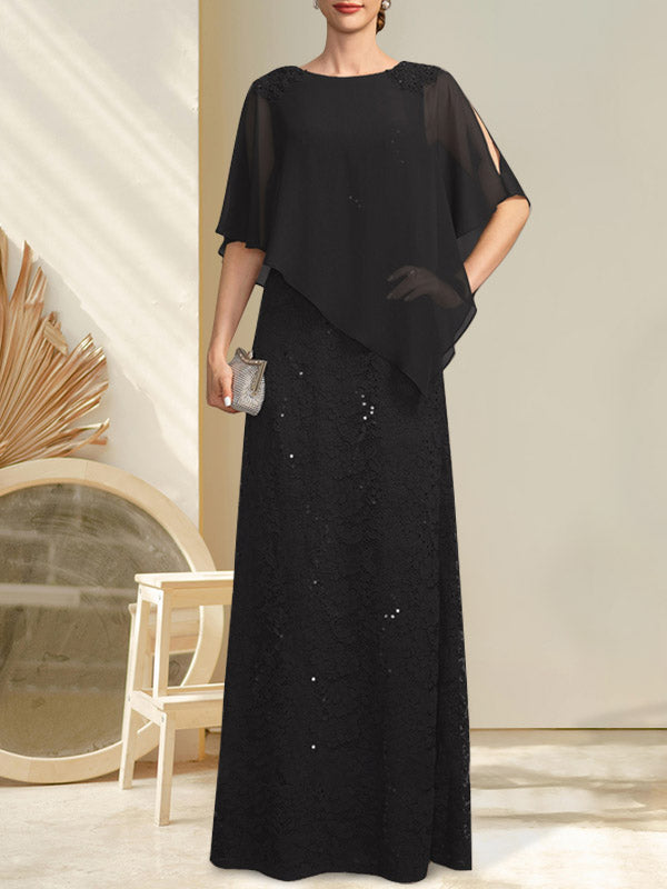 Robe fourreau/colonne longue en mousseline de soie et dentelle, ornée de sequins et de perles, pour la mère de la mariée.