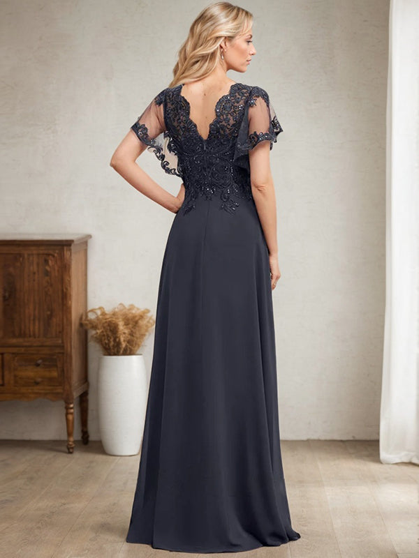 Vestido de novia de corte A, escote en V, largo hasta el suelo, de gasa de encaje con lentejuelas para la madre de la novia 