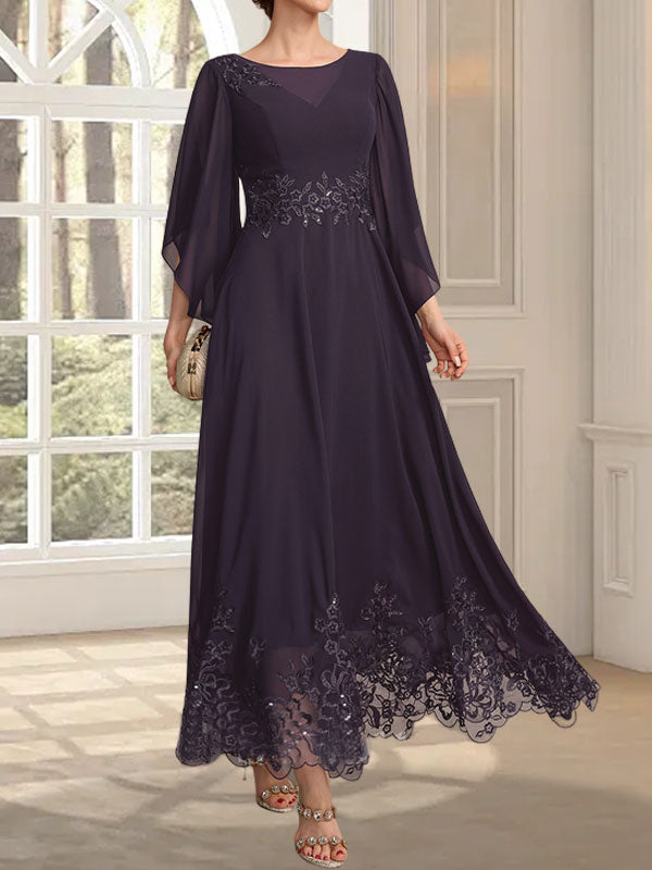 Robe de mère de la mariée en mousseline de dentelle, coupe trapèze, décolleté illusion, longueur cheville, ornée de sequins 