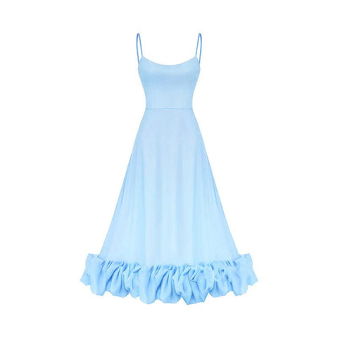 Robe de soirée longue à bretelles spaghetti et volants 