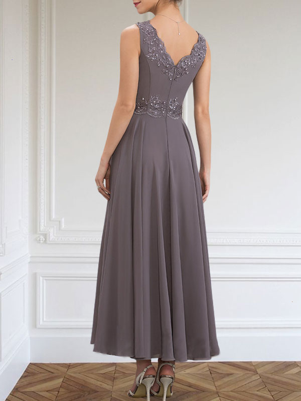 Vestido de corte A, escote en V, largo hasta el tobillo, de gasa, para la madre de la novia, con apliques de lentejuelas, encaje y pedrería.