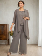 Separates Jumpsuit/Pantsuit Scoop Floor-Length Chiffon Lace Mother of the Bride Dress With Beading Sequins