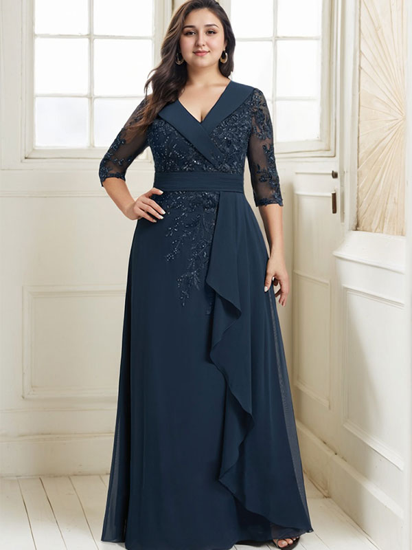 Vestido de novia de corte línea A, cuello en V, largo hasta el suelo, de encaje y gasa, con lentejuelas y volantes en cascada. 