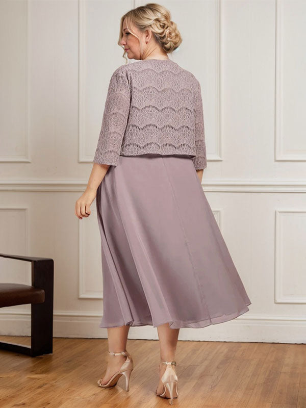 Vestido de chifón de corte línea A, largo té, para la madre de la novia, con escote redondo y pliegues.