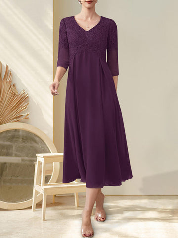 A-line V-Neck Tea-Length Chiffon Lace Mother of the Bride Dress With Beading