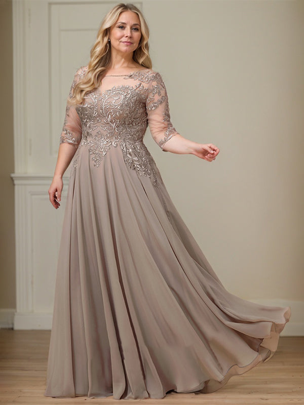 Robe de mère de la mariée en mousseline de dentelle, coupe trapèze, décolleté illusion, longueur au sol, ornée de sequins 