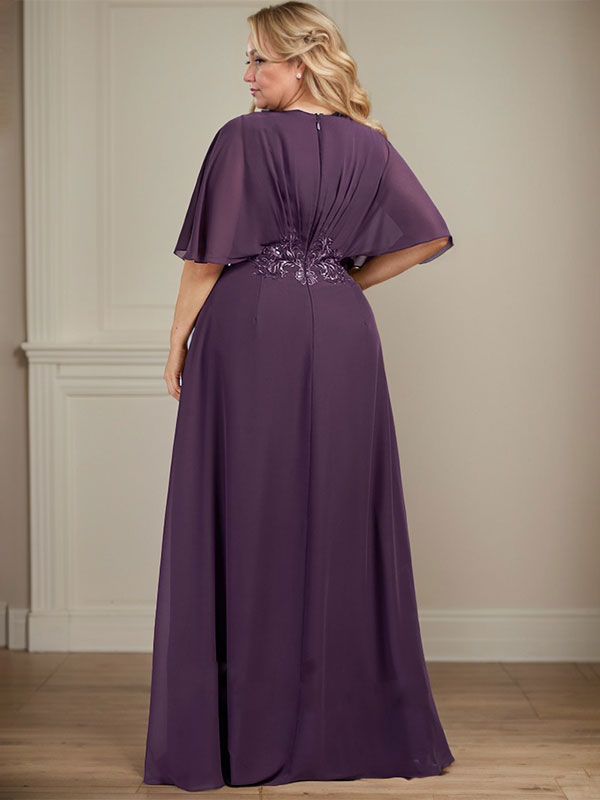 Vestido de corte A, escote en V, largo hasta el suelo, de gasa, para la madre de la novia, con apliques de lentejuelas plisadas y encaje.