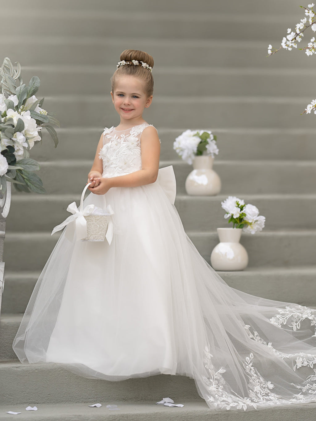 Vestido de niña de las flores sin mangas con cola desmontable de princesa de ensueño 