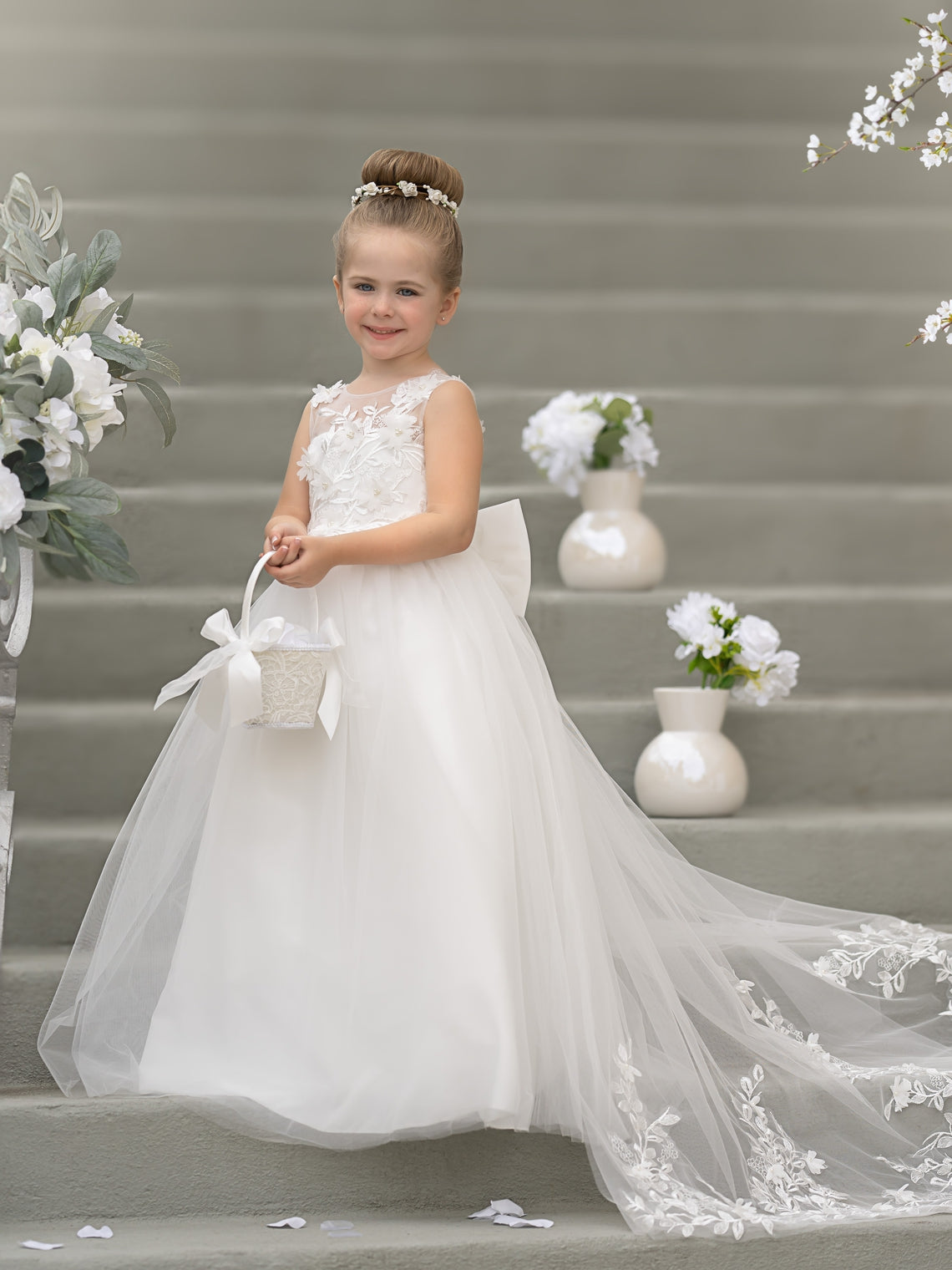 Vestido de niña de las flores sin mangas con cola desmontable de princesa de ensueño 