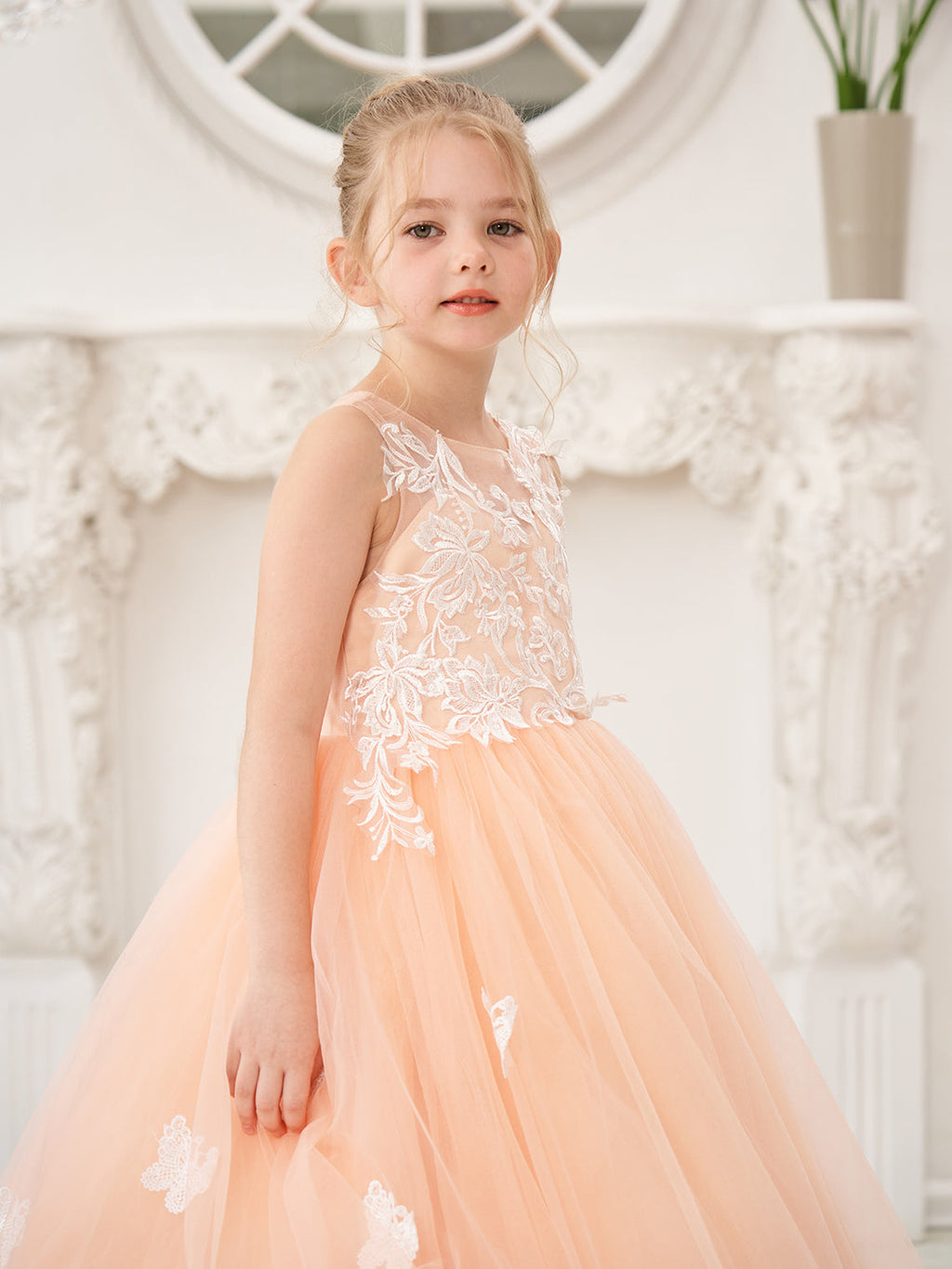 Elegante vestido de princesa sin mangas de tul para niña de las flores, corte en A 