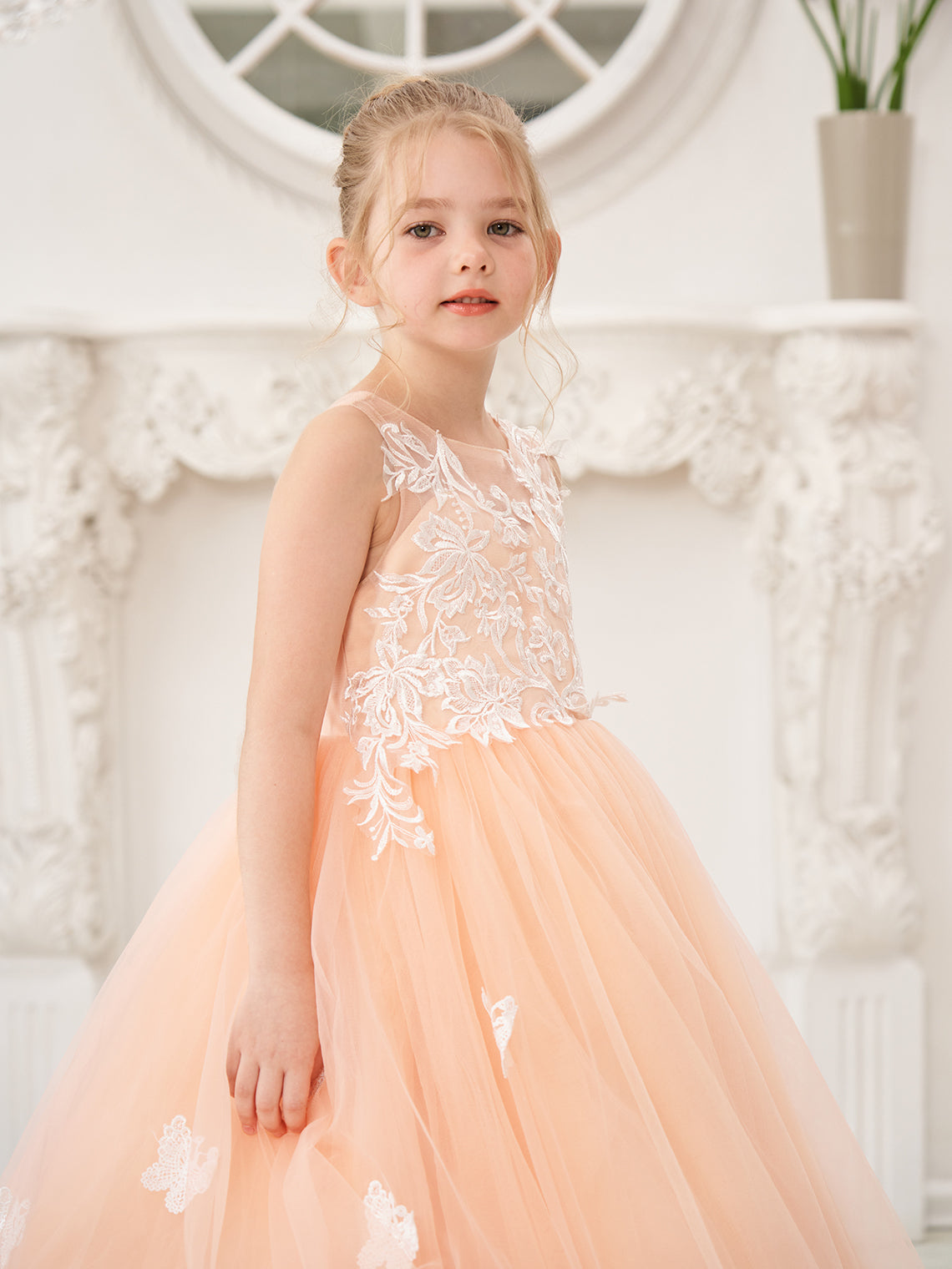 Elegante vestido de princesa sin mangas de tul para niña de las flores, corte en A 