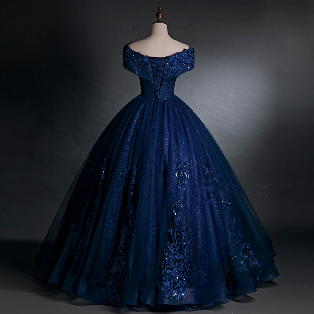 Magnifique robe de bal bleu marine ornée d'appliqués et de perles, épaules dénudées, Y7677