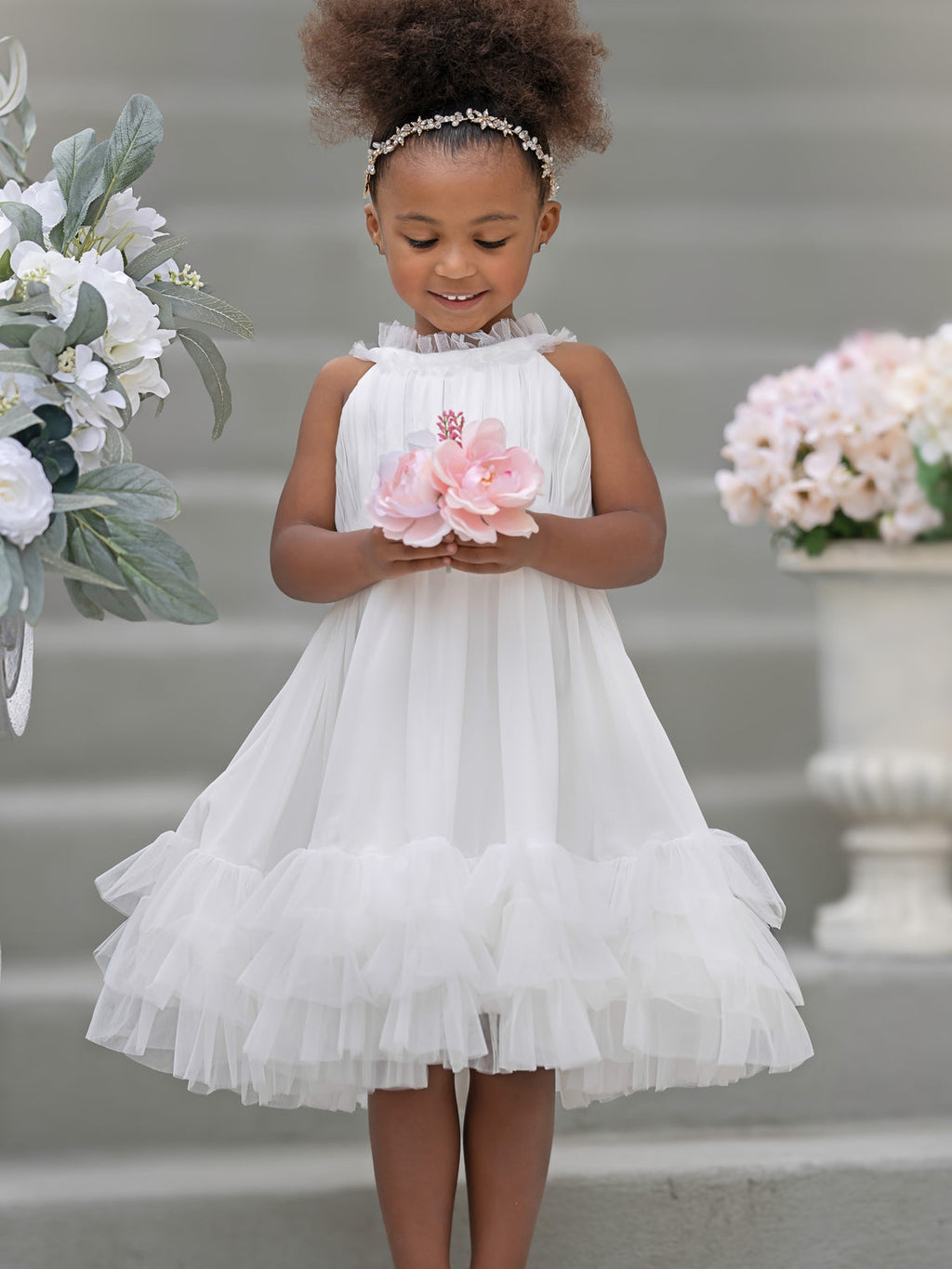 Vestido de niña de las flores color marfil hasta la rodilla, de tul y gasa 