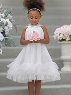 Vestido de niña de las flores color marfil hasta la rodilla, de tul y gasa 