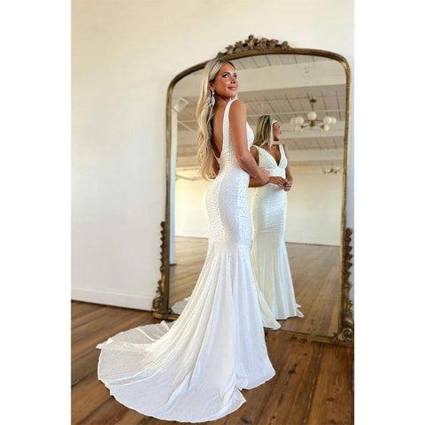 Plunging V Neck Beads Mermaid Long Prom Dress
