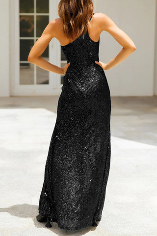 Vestido de noche sexy formal con lentejuelas, abertura y cuello oblicuo. 