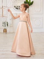 Vestido color champán de corte A con cola de tul satinado (010226776) 