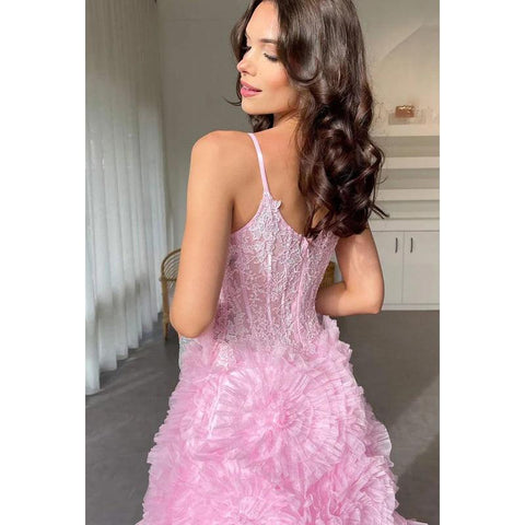 Glamorous & Dramatic Sleeveless Spaghetti Straps V-Neck Slit Evening Party Prom Dress