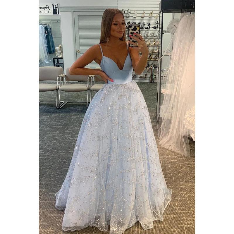 Plunging V-neck Sky Blue Sparkly Prom Dress
