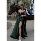 Robe de soirée longue en satin à col en V et bretelles spaghetti, sans manches, coupe trapèze 