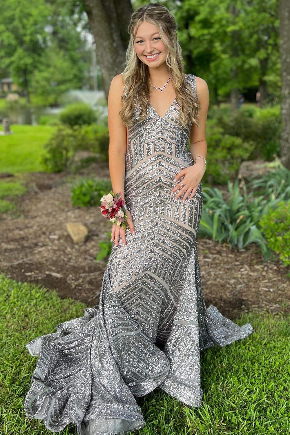 Deep V Neck Sequin Mermaid Prom Dress