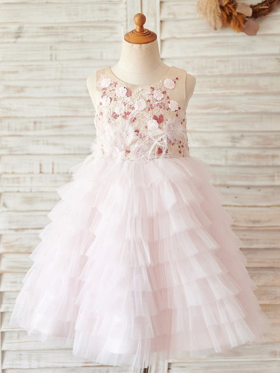 Vestido de princesa/vestido de princesa de satén y tul rosa hasta la rodilla para niña de las flores 