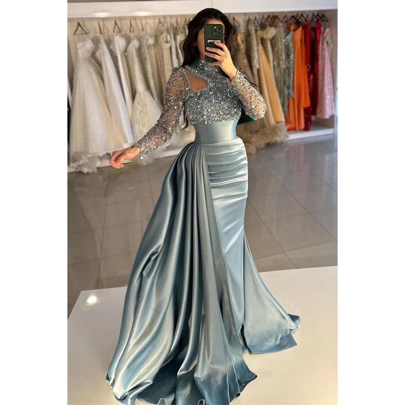 Vestido de noche de fiesta con cuello alto, mangas largas y lentejuelas, corte tubo/columna 